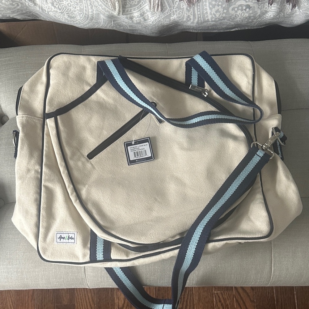Aqua Blu Beige Duffel Bag with Navy Straps